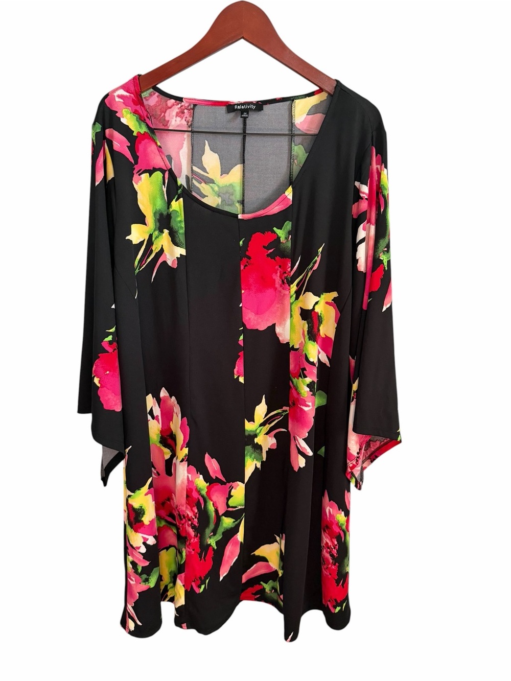 Relativity Black Floral Long Sleeve Tunic Dress with Pink & Green Accents